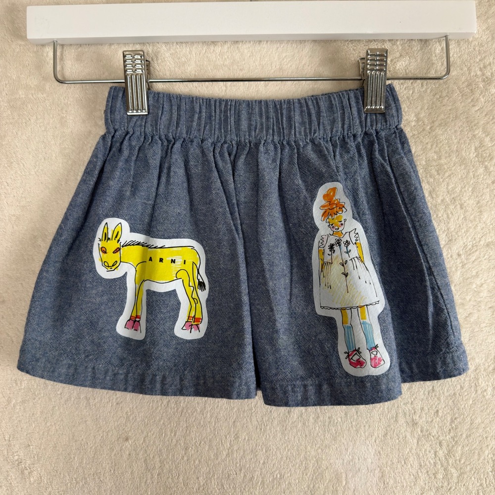 Marni Kids Blue Chambray Graphic Donkey Girl Skirt 9-12M Cotton Elastic Designer